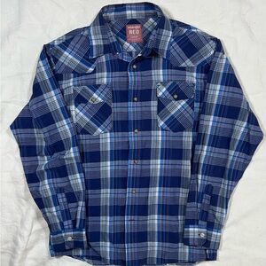 Wrangler RED Plaid Western Snap Shirt Blue White Men’s Large
